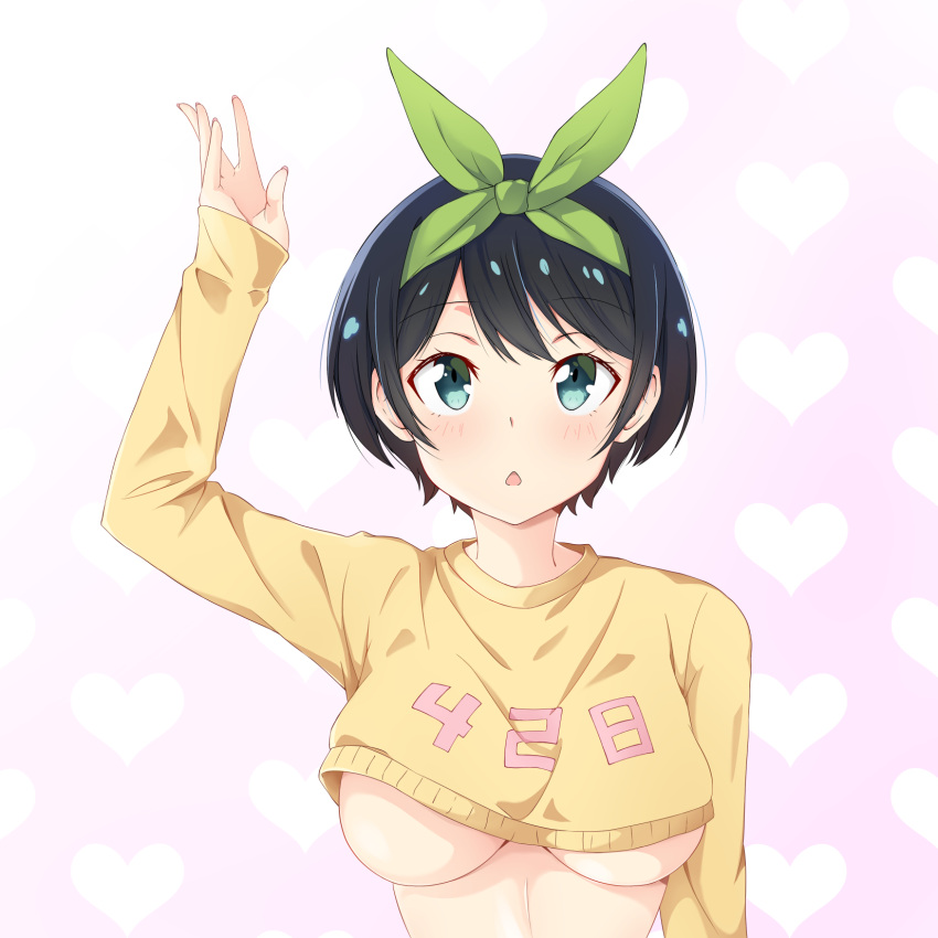 1girl, black_hair, blush, breasts, crop_top, go-toubun_no_hanayome, green_eyes, green_headwear