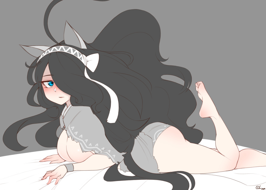 1girl, ahoge, animal_ears, ass, barefoot, bed, black_hair, blue_eyes