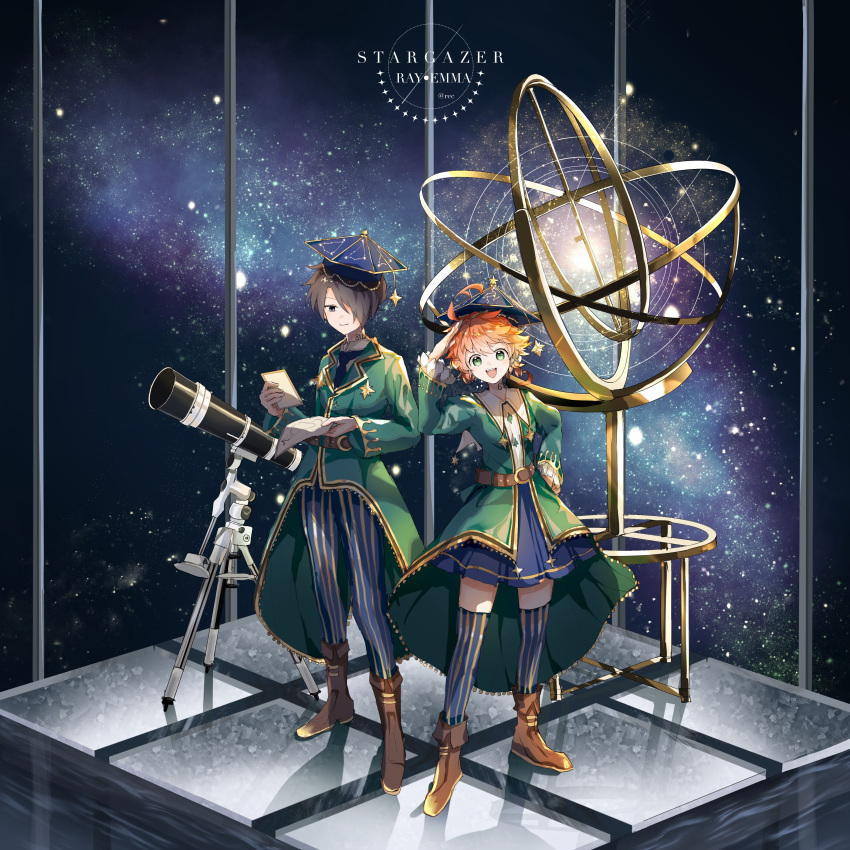 1boy, 1girl, absurdres, ahoge, akirarec, ankle_boots, astrolabe, black_eyes