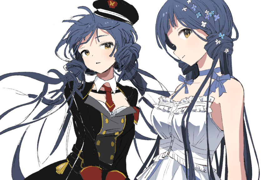 1girl, black_jacket, cleavage_cutout, clothing_cutout, dark_blue_hair, dress, expressionless, floating_hair
