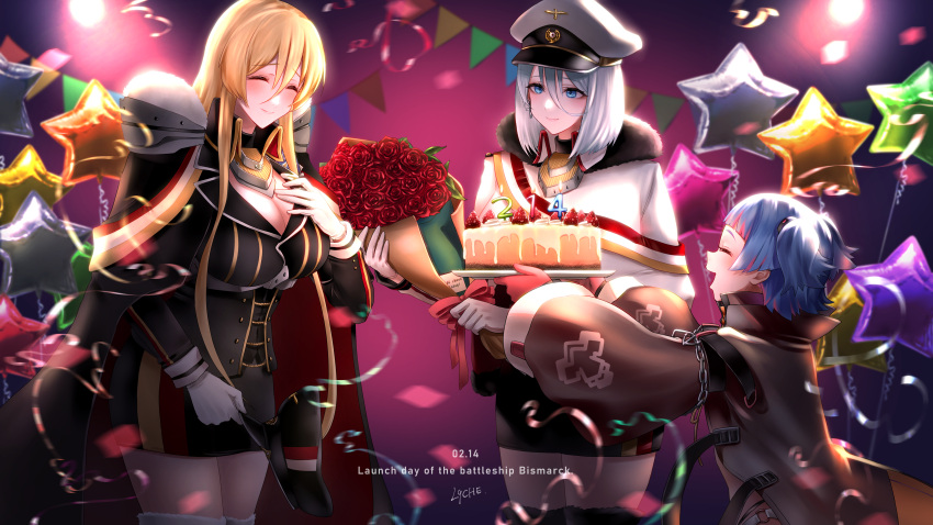 3girls, azur_lane, birthday, birthday_party, bismarck_(azur_lane), bouquet, cake, dated