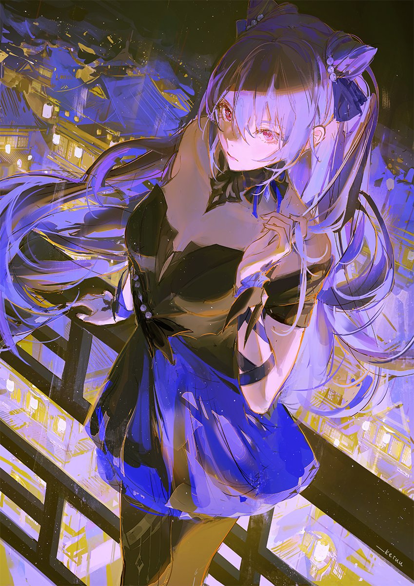 1girl, architecture, arm_support, bangs, bare_shoulders, black_legwear, detached_collar, double_bun