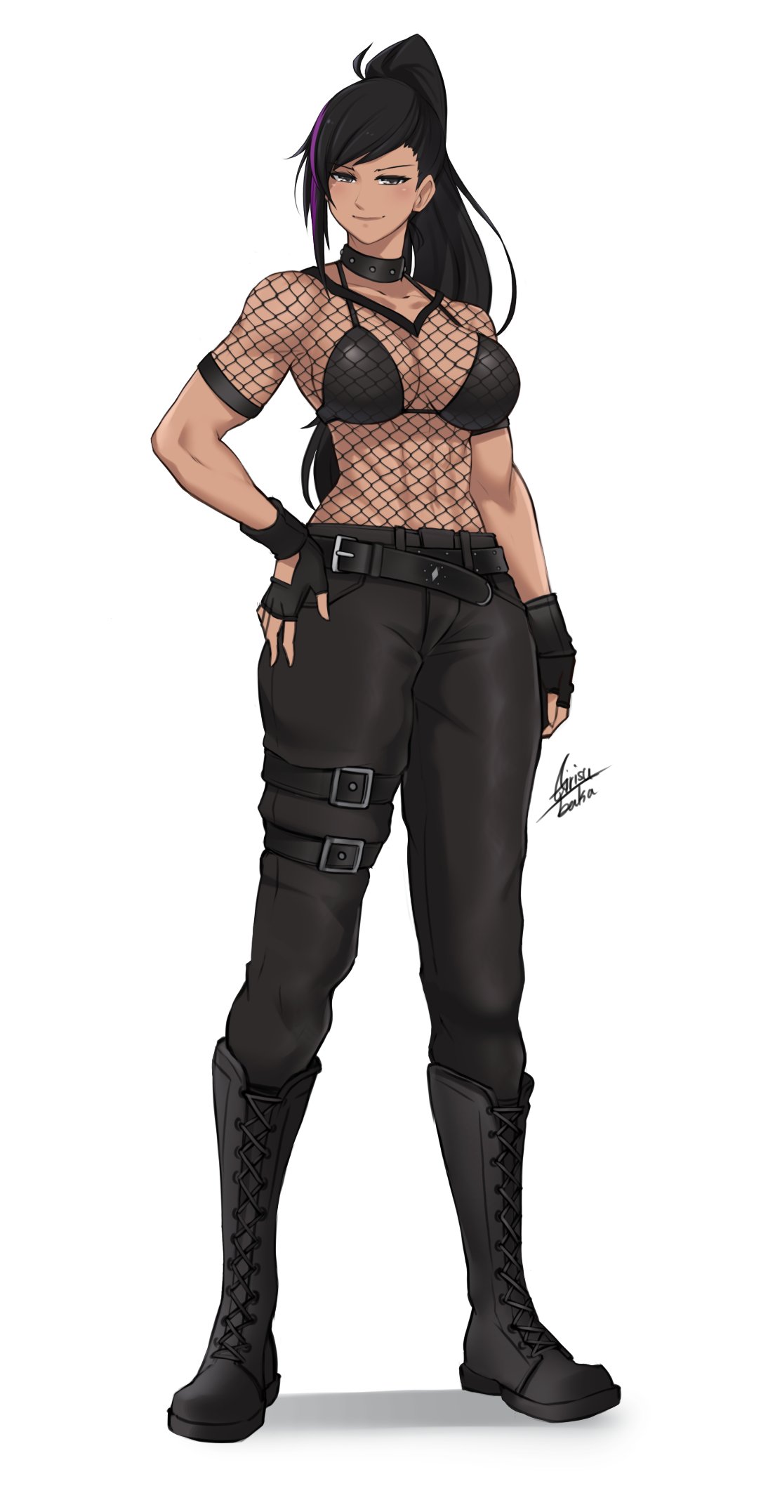 1girl, airisubaka, belt, bikini, black_belt, black_bikini, black_collar, black_footwear, black_gloves, black_hair, black_pants, boots, breasts, collar, collarbone, commentary, fingerless_gloves, fishnet_shirt, fishnets, full_body, gloves, grey_eyes, hands_on_hips, highres, knee_boots, large_breasts, long_hair, looking_at_viewer, multicolored_hair, original, pants, ponytail, purple_hair, short_sleeves, simple_background, smile, solo, standing, streaked_hair, studded_collar, swimsuit, thigh_strap, toned, two-tone_hair, white_background