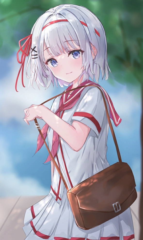 1girl, bag, bangs, blue_eyes, blurry, blush, breasts, closed_mouth