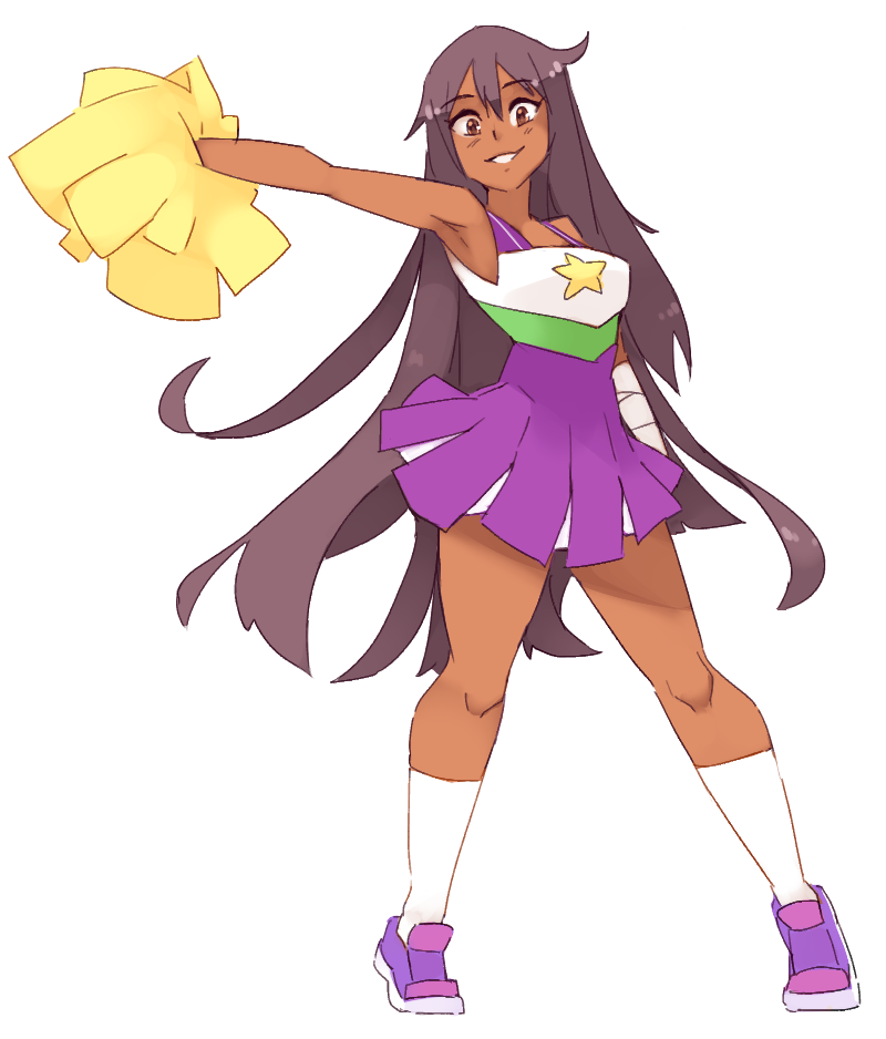 1girl, amputee, armpits, black_hair, brown_eyes, cheerleader, commentary, dark-skinned_female
