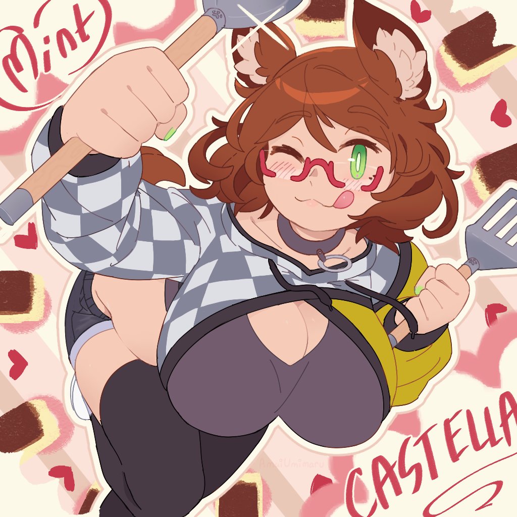 1girl, amai_umimaru_(artist), animal_ear_fluff, animal_ears, black_legwear, blush, breasts, brown_hair