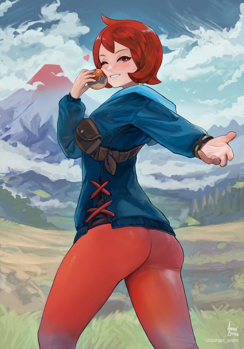 1girl, absurdres, andre_borges, arezu_(pokemon), ass, bangs, blue_jacket, bracelet