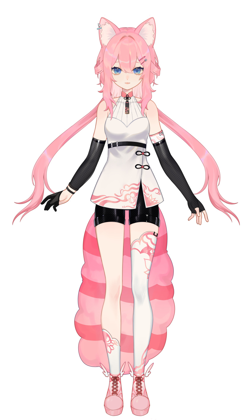1girl, absurdres, alicia_cotton, animal_ear_fluff, animal_ears, asymmetrical_legwear, bangs, blue_eyes, cat_ears, cat_girl, cat_tail, fingerless_gloves, full_body, gloves, hair_between_eyes, hair_ornament, hairclip, highres, indie_virtual_youtuber, pink_hair, rionkun81, shoes, sneakers, tail, uneven_legwear, virtual_youtuber