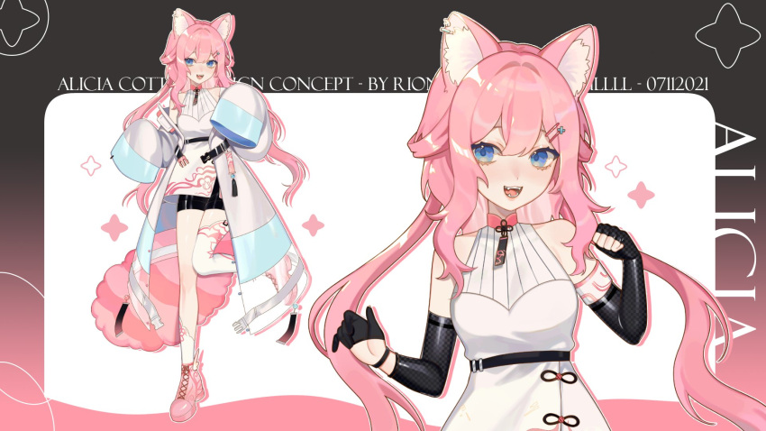 1girl, alicia_cotton, animal_ear_fluff, animal_ears, asymmetrical_legwear, bangs, blue_eyes, cat_ears