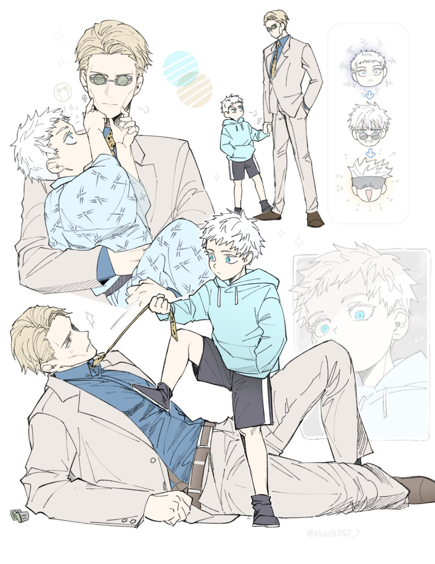 2boys, age_difference, age_progression, ankle_boots, bangs, blonde_hair, blue_eyes, blue_shirt