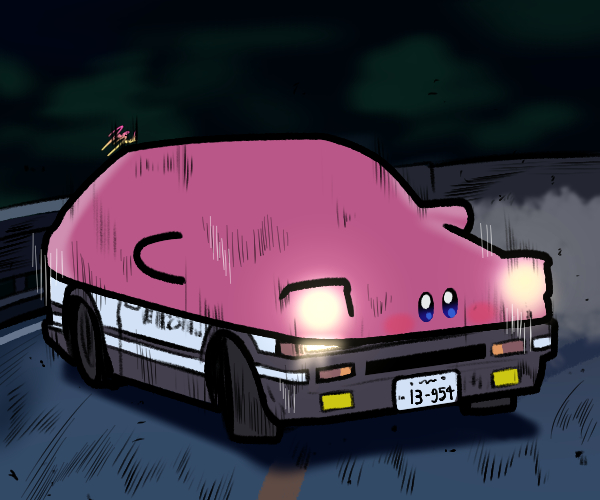 blue_eyes, car, ground_vehicle, initial_d, jazz_jack, kirby, kirby_(series), kirby_and_the_forgotten_land