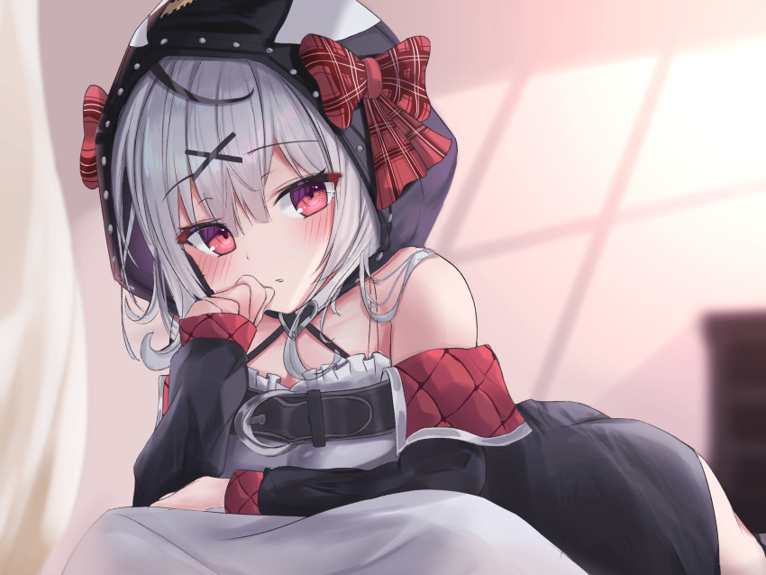 1girl, bangs, bare_shoulders, blurry, blush, breasts, hair_ornament, highres, hololive, hood, indoors, looking_at_viewer, lying, medium_hair, pu_lona, red_eyes, red_ribbon, ribbon, sakamata_chloe, shoes, silver_hair, solo, virtual_youtuber, x_hair_ornament