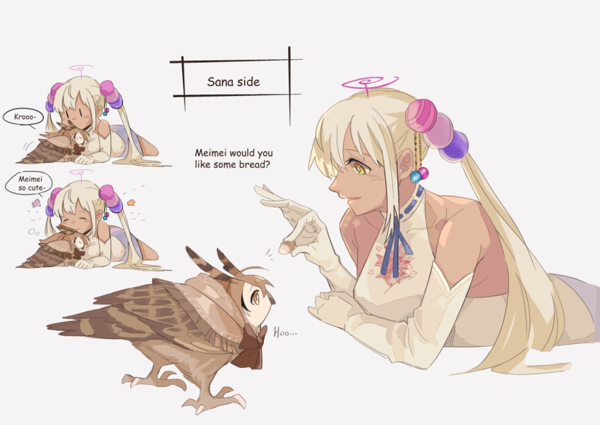 animalization, bird, blonde_hair, bread, dark-skinned_female, dark_skin, english_text, feathers