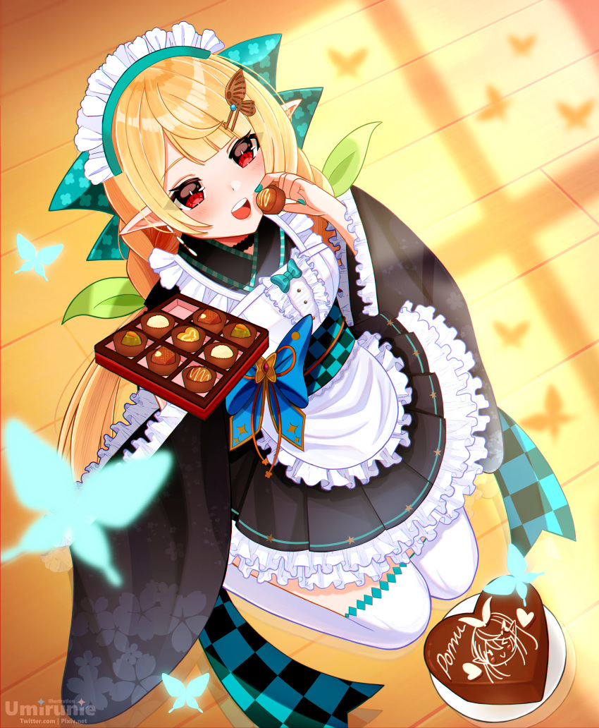 1girl, absurdres, artist_name, blonde_hair, candy, chocolate, dress, food, gift, hair_ornament, hairclip, happy_valentine, heart, heart-shaped_chocolate, highres, looking_up, nail_polish, nijisanji, nijisanji_en, pale_skin, pointy_ears, pomu_rainpuff, red_eyes, runiie, thigh-highs, valentine, virtual_youtuber