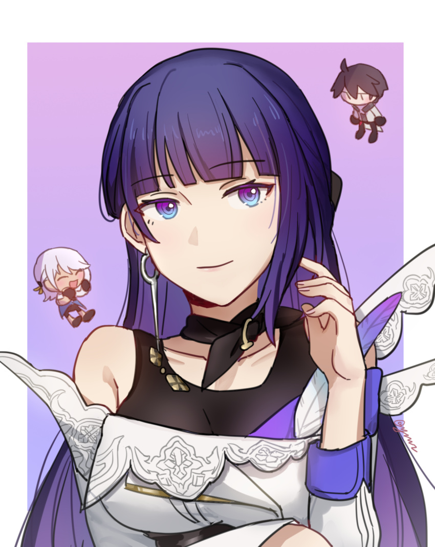 1girl, bangs, bare_shoulders, border, carole_peppers, chibi, doll, earrings