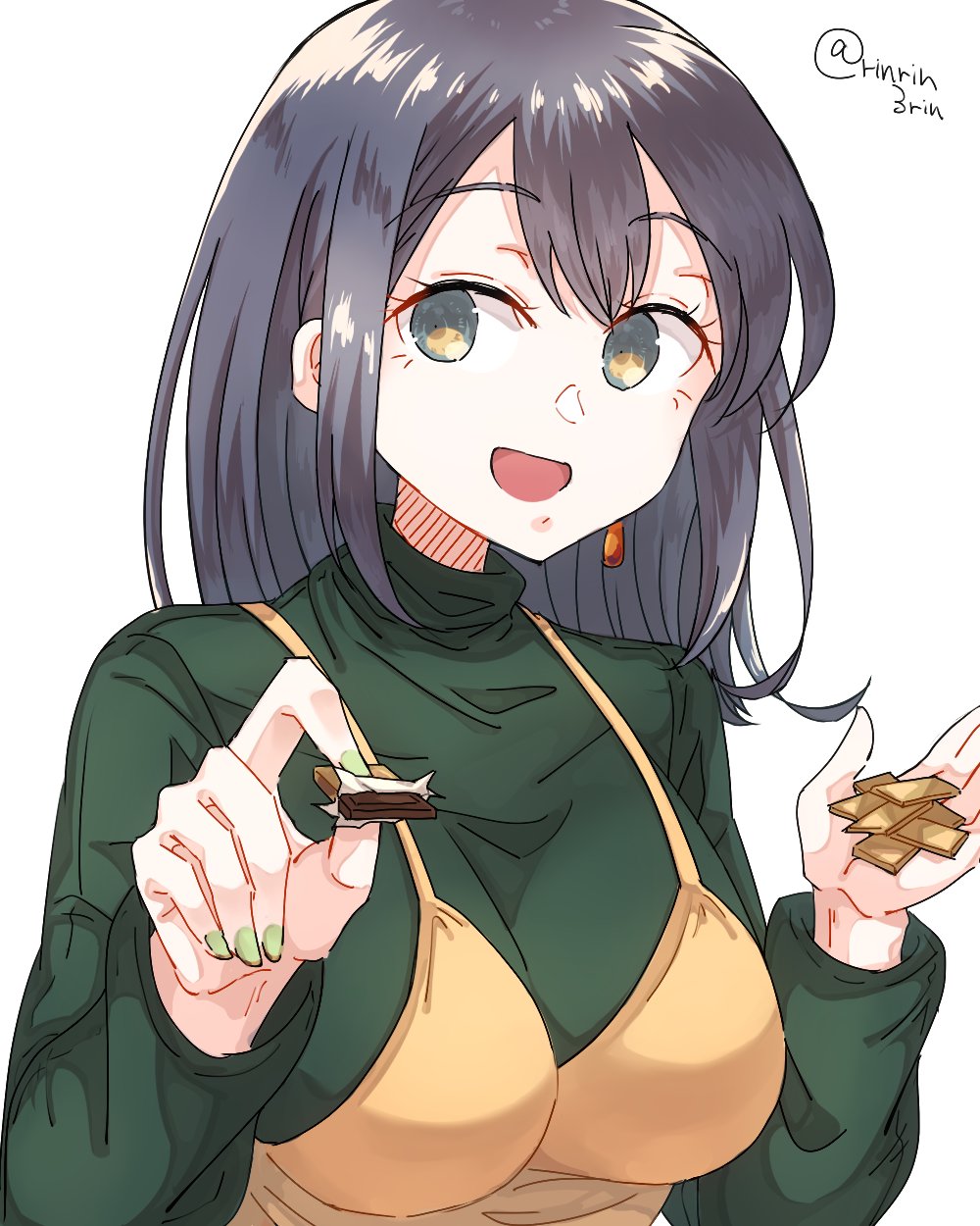 1girl, blouse, blue_hair, breasts, chocolate, dress, earrings, eyebrows_visible_through_hair