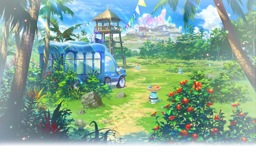 bus, flower, kemono_friends, kemono_friends_festival, lucky_beast_(kemono_friends), mountain, nature, sky