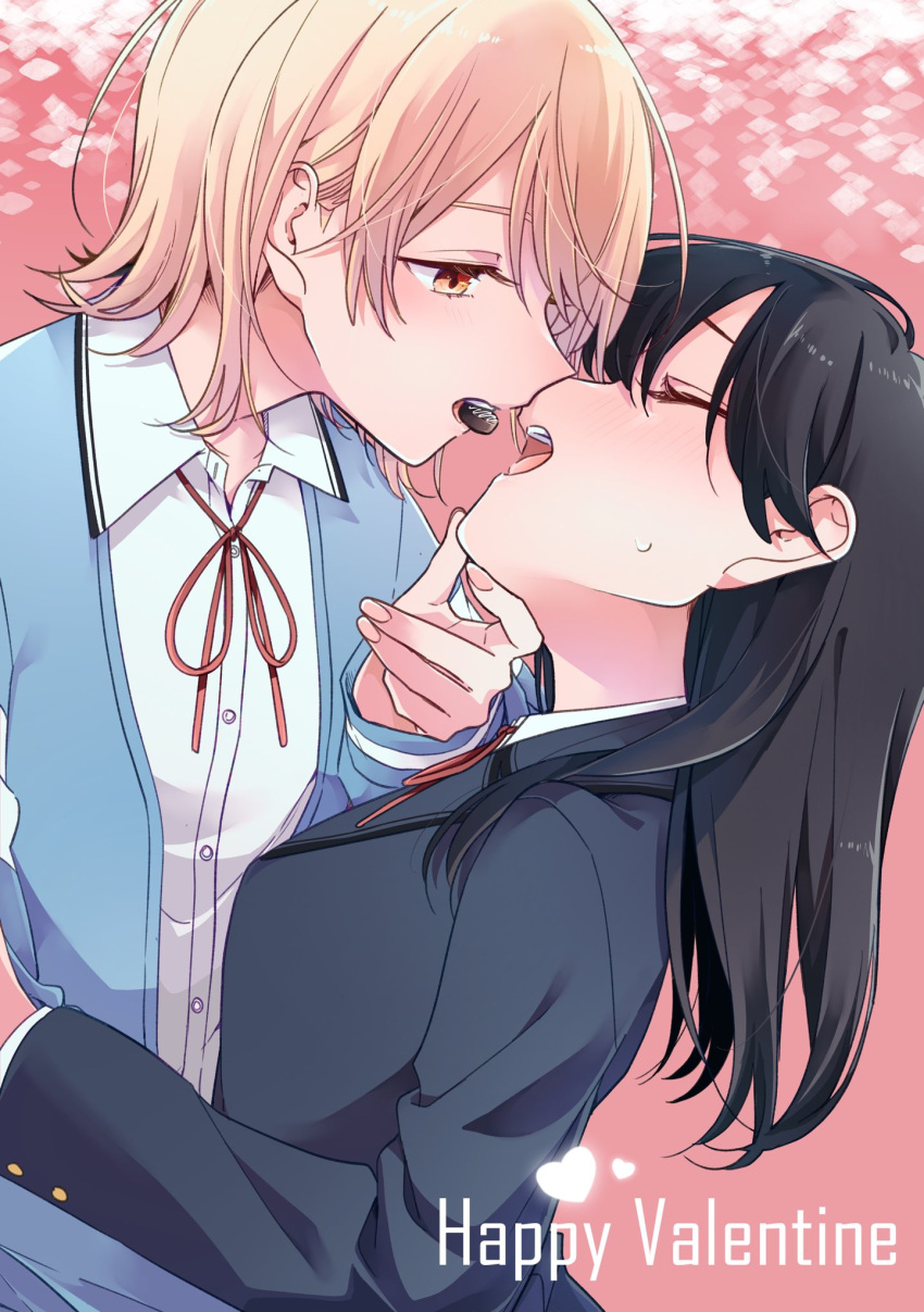 15kasikaze15, 2girls, black_hair, black_jacket, blonde_hair, blue_sweater_vest, blush, chocolate, closed_eyes, collared_shirt, commentary, feeding, finger_to_another's_mouth, food_in_mouth, happy_valentine, highres, honda_sora, imminent_kiss, jacket, lonely_girl_ni_sakaraenai, long_hair, long_sleeves, multiple_girls, neck_ribbon, official_art, open_mouth, orange_eyes, pink_background, red_ribbon, ribbon, sakurai_ayaka_(lonely_girl_ni_sakaraenai), sharing_food, shirt, short_hair, sweat, sweater_vest, upper_body, valentine, white_shirt, yuri