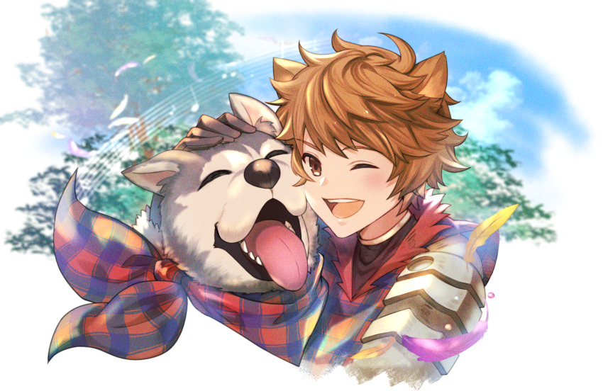 1boy, animal, animal_ears, animal_hug, bangs, black_gloves, blush, brown_eyes, dog, dog_boy, dog_ears, feathers, gloves, gran_(granblue_fantasy), granblue_fantasy, highres, lumberjack_(granblue_fantasy), male_focus, mechanical_arms, one_eye_closed, open_mouth, plaid, plaid_shirt, red_shirt, shirt, short_hair, smile, upper_body, yunan_(twyunan)