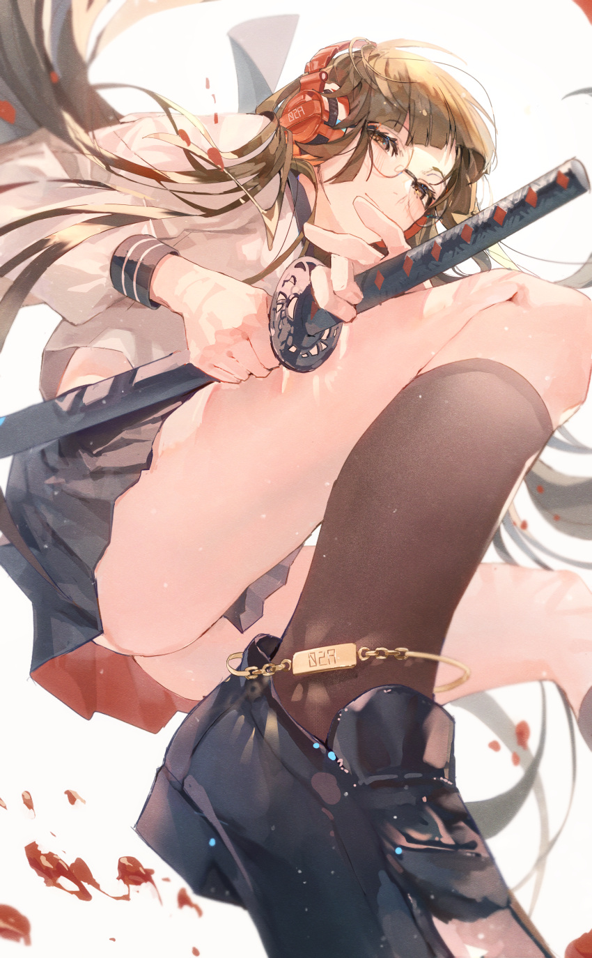 1girl, absurdres, anklet, black_footwear, black_skirt, blood, blush, brown_eyes