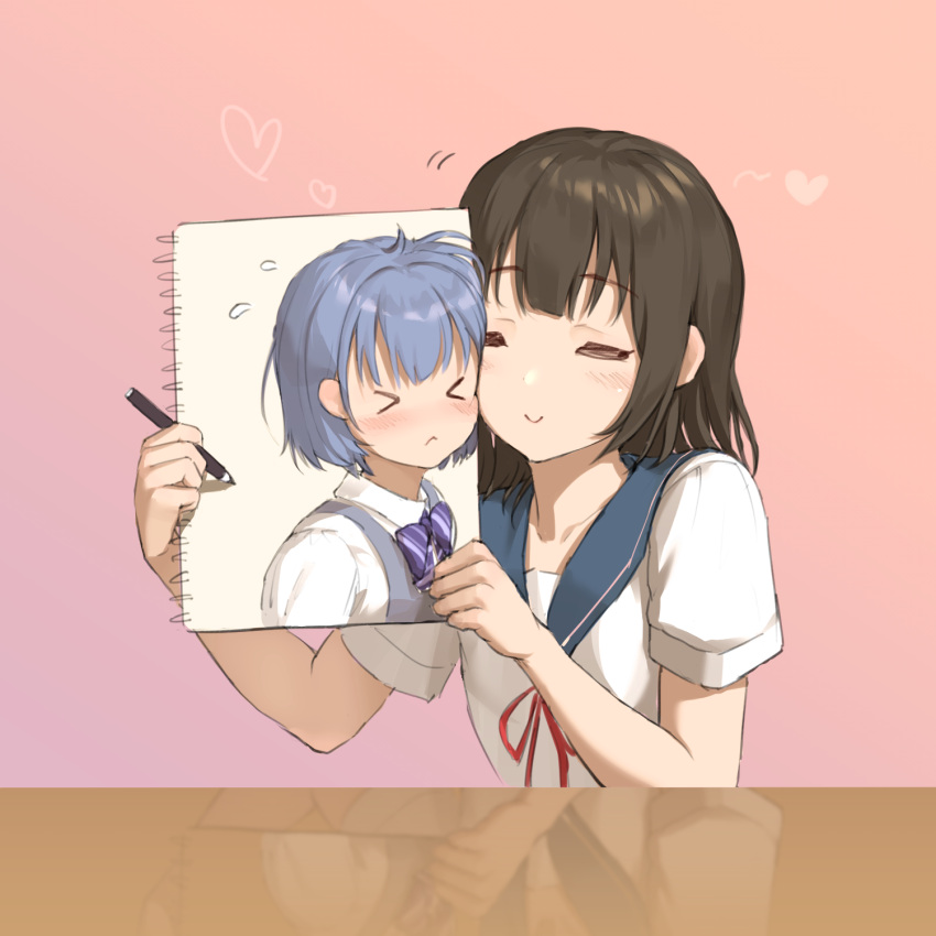 >_<, 2girls, :>, :<, bangs, blue_hair, blush, bow