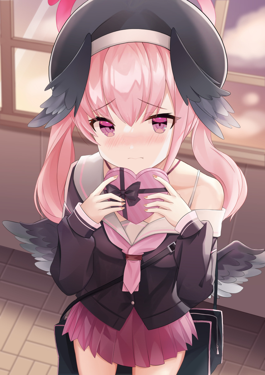 1girl, absurdres, ascot, bag, black_wings, blue_archive, blush, box