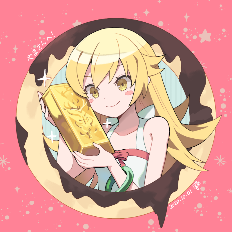 1girl, bangle, bangs, bare_shoulders, blonde_hair, blush_stickers, botamochi_(exwelder), bracelet