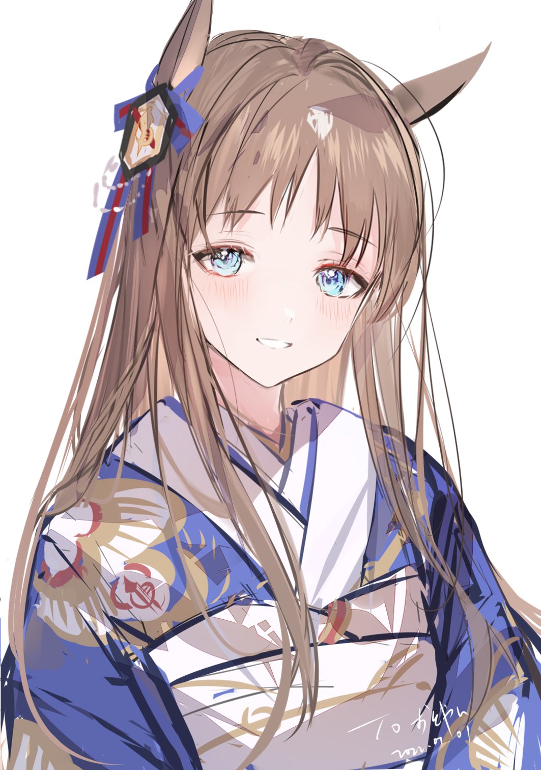 1girl, 2833osi, animal_ears, bangs, blue_eyes, blue_kimono, brown_hair, dated