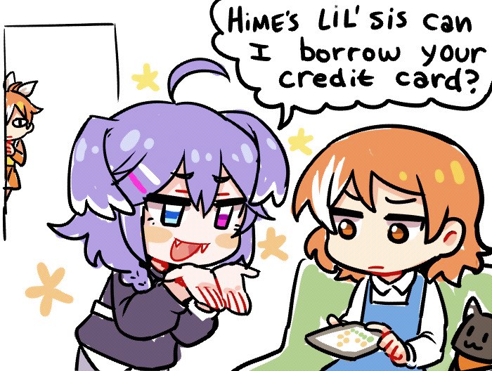 3girls, ahoge, blue_eyes, bow, cat, chibi, commentary, crunchyroll