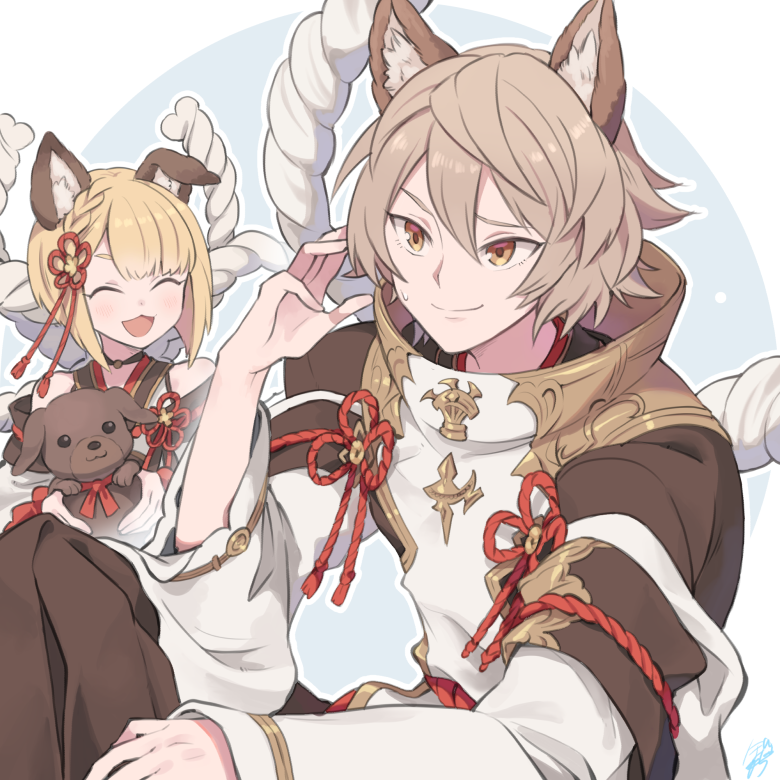 1boy, 1girl, animal, animal_ears, bangs, basara_(granblue_fantasy), blonde_hair, botamochi_(exwelder)
