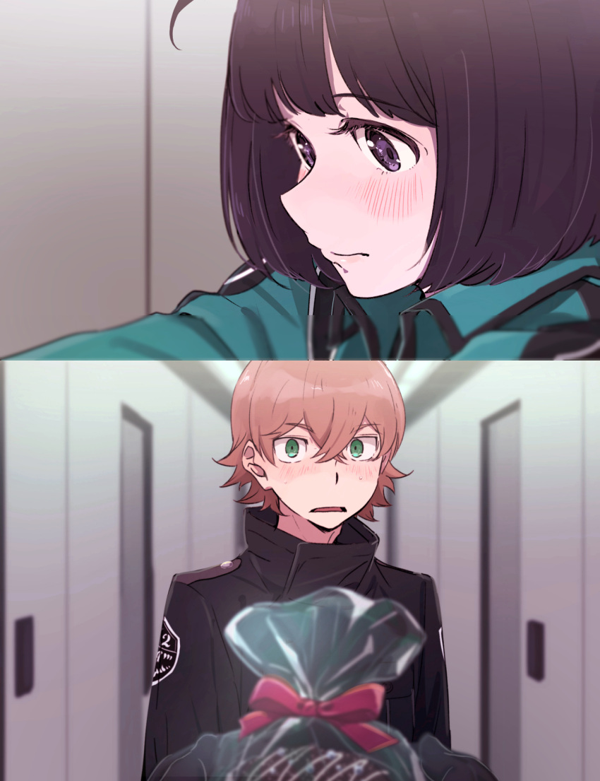 1boy, 1girl, amatori_chika, anarchy_ptck, bag, bangs, black_gloves, black_hair, black_jacket, blue_jacket, blush, bob_cut, brown_hair, closed_mouth, ema_yuzuru, eyebrows_visible_through_hair, gloves, green_eyes, hair_between_eyes, high_collar, highres, holding, holding_bag, indoors, jacket, open_mouth, short_hair, violet_eyes, world_trigger