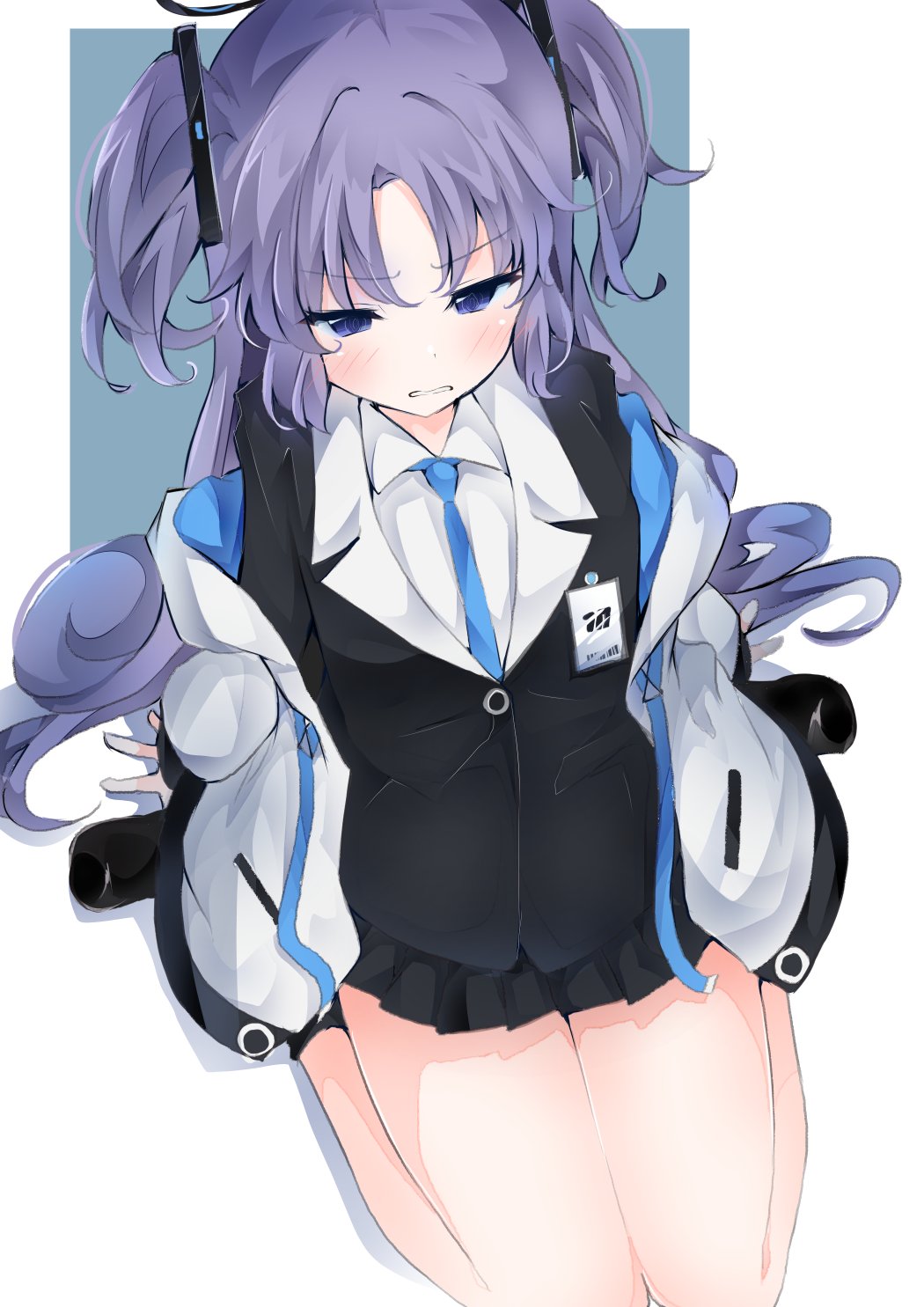 1girl, bangs, black_footwear, black_skirt, black_suit, blue_archive, blue_necktie, blush