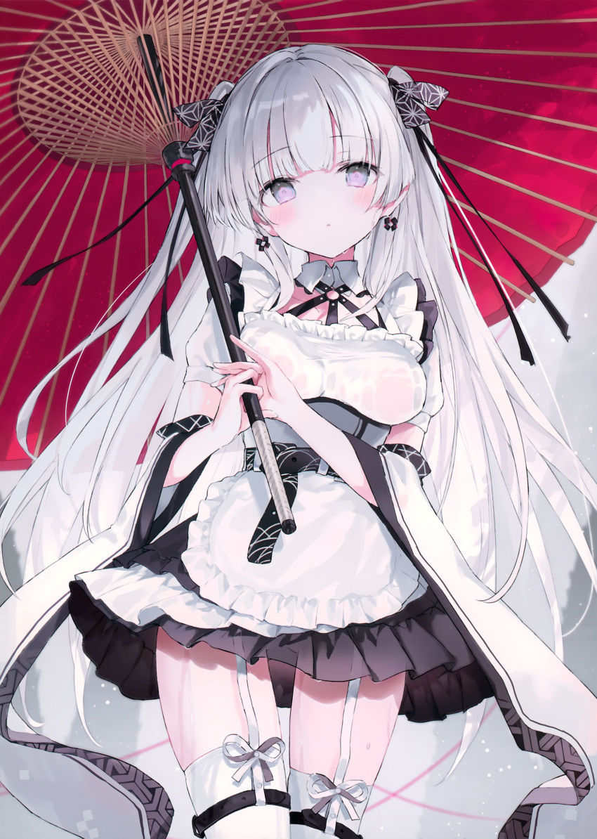 1girl, absurdres, apron, black_ribbon, breasts, collarbone, cowboy_shot, dot_mouth