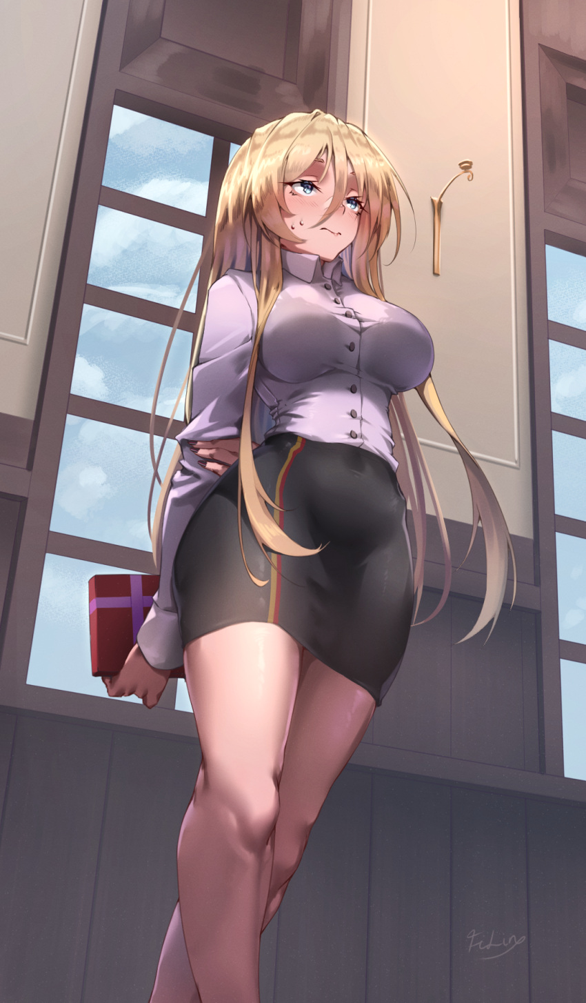 1girl, arm_behind_back, azur_lane, bismarck_(azur_lane), black_bra, black_skirt, blonde_hair, blush, box, bra, bra_visible_through_clothes, breasts, feet_out_of_frame, filin, from_below, full-face_blush, german_flag_print, gift, gift_box, hair_between_eyes, highres, holding, holding_box, indoors, large_breasts, pencil_skirt, purple_shirt, sanpaku, shirt, shirt_tucked_in, signature, skirt, solo, standing, taut_clothes, taut_shirt, underwear, white_shirt, window, wing_collar
