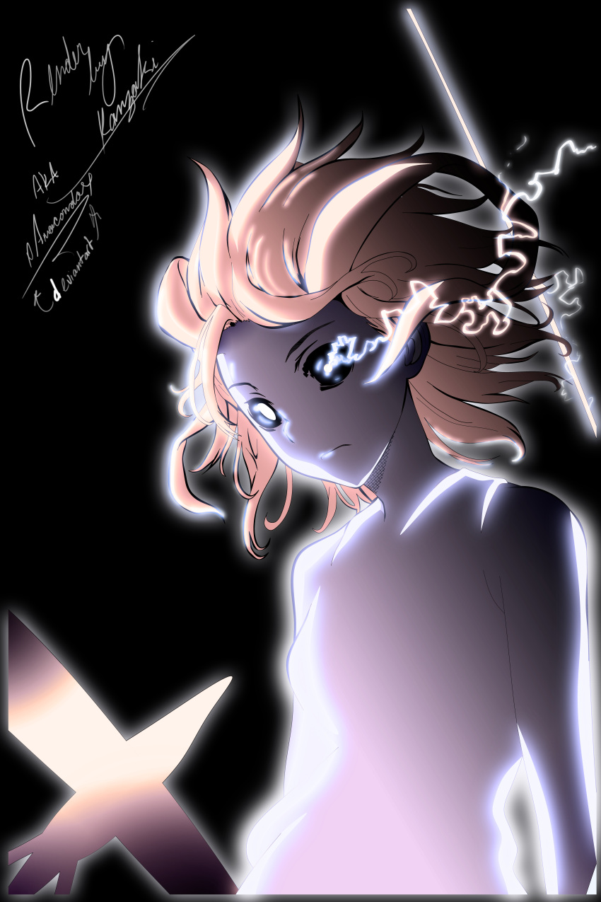 1girl, absurdres, biribiri, black_background, black_sclera, blank_eyes, breasts, colored_sclera