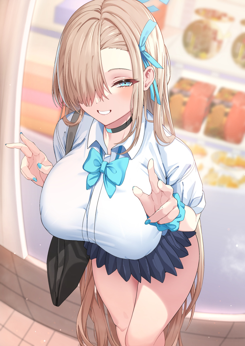 1girl, absurdres, asuna_(blue_archive), asymmetrical_hair, bag, black_choker, black_skirt, blonde_hair, blue_archive, blue_nails, blush, bow, bowtie, breasts, choker, grin, hair_over_one_eye, hair_tie, handbag, highres, huge_breasts, long_hair, looking_at_viewer, panamuru, shirt, skirt, smile, solo, very_long_hair, white_shirt