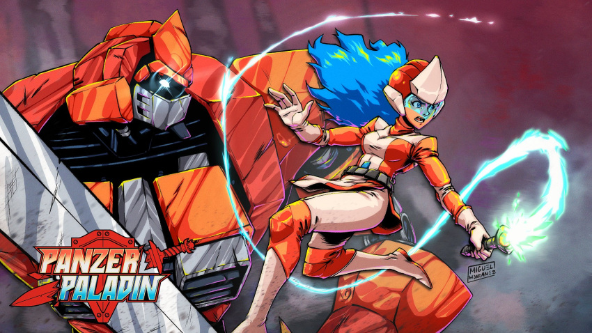 1girl, artist_name, belt, blue_eyes, blue_hair, boots, breasts, energy_whip