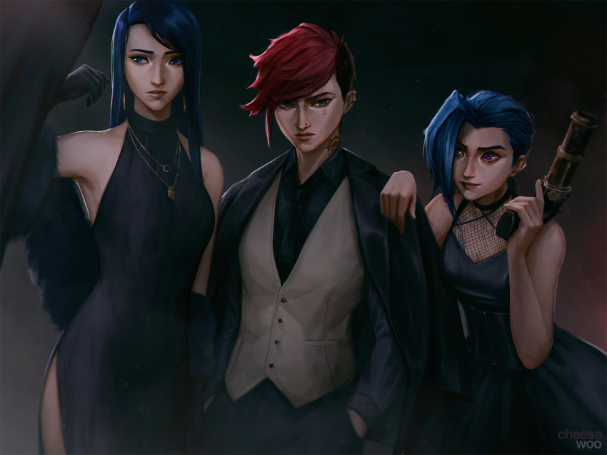 3girls, alternate_costume, arcane:_league_of_legends, arcane_caitlyn, arcane_jinx, arcane_vi, artist_name, asymmetrical_bangs