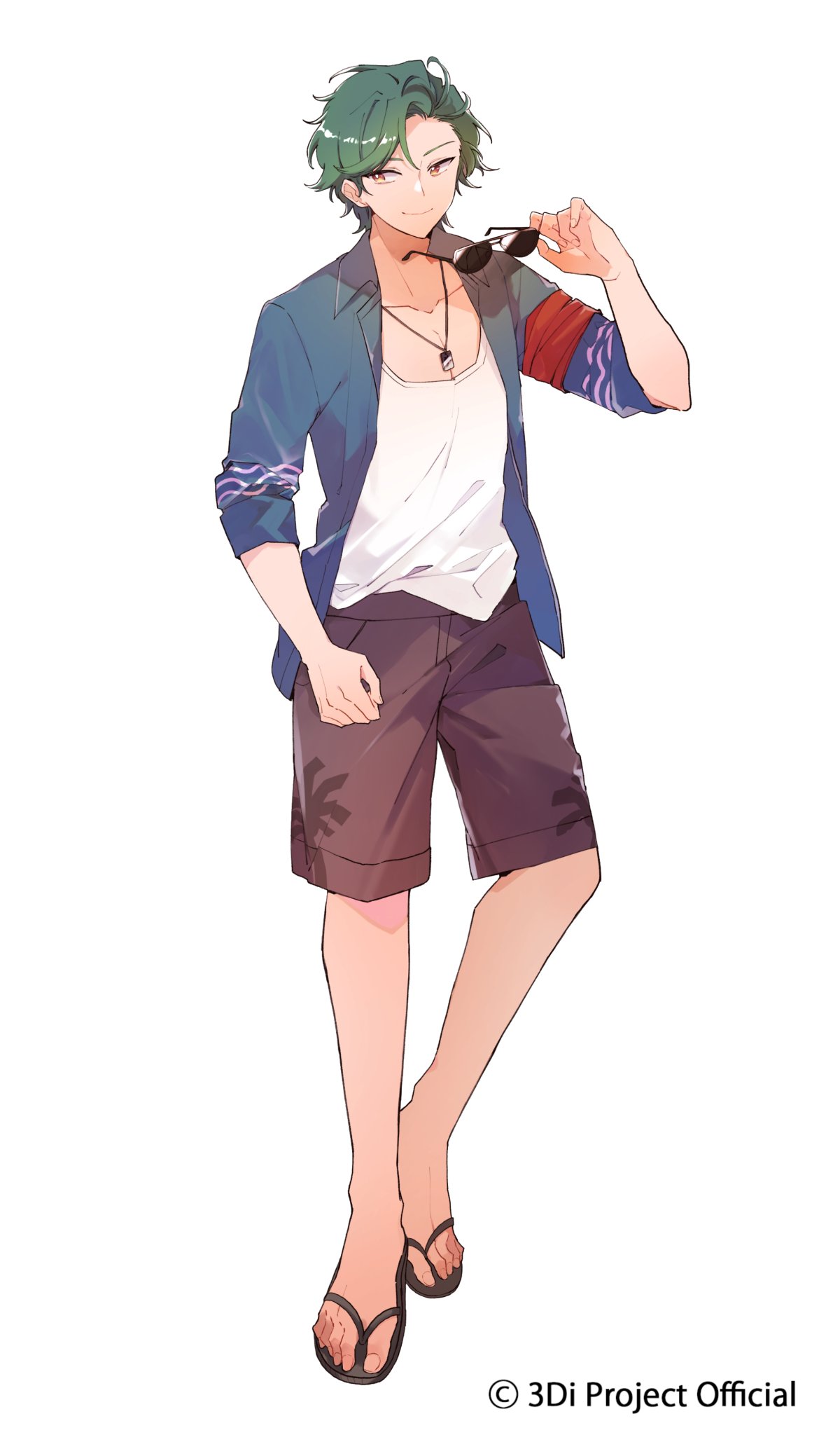 1boy, 3di_project, bangs, closed_mouth, collared_shirt, full_body, green_hair, highres, jortun_leventor, labjusticaholic, loose_clothes, male_focus, shirt, shorts, slippers, solo, sunglasses, virtual_youtuber, white_background, white_shirt, yellow_eyes