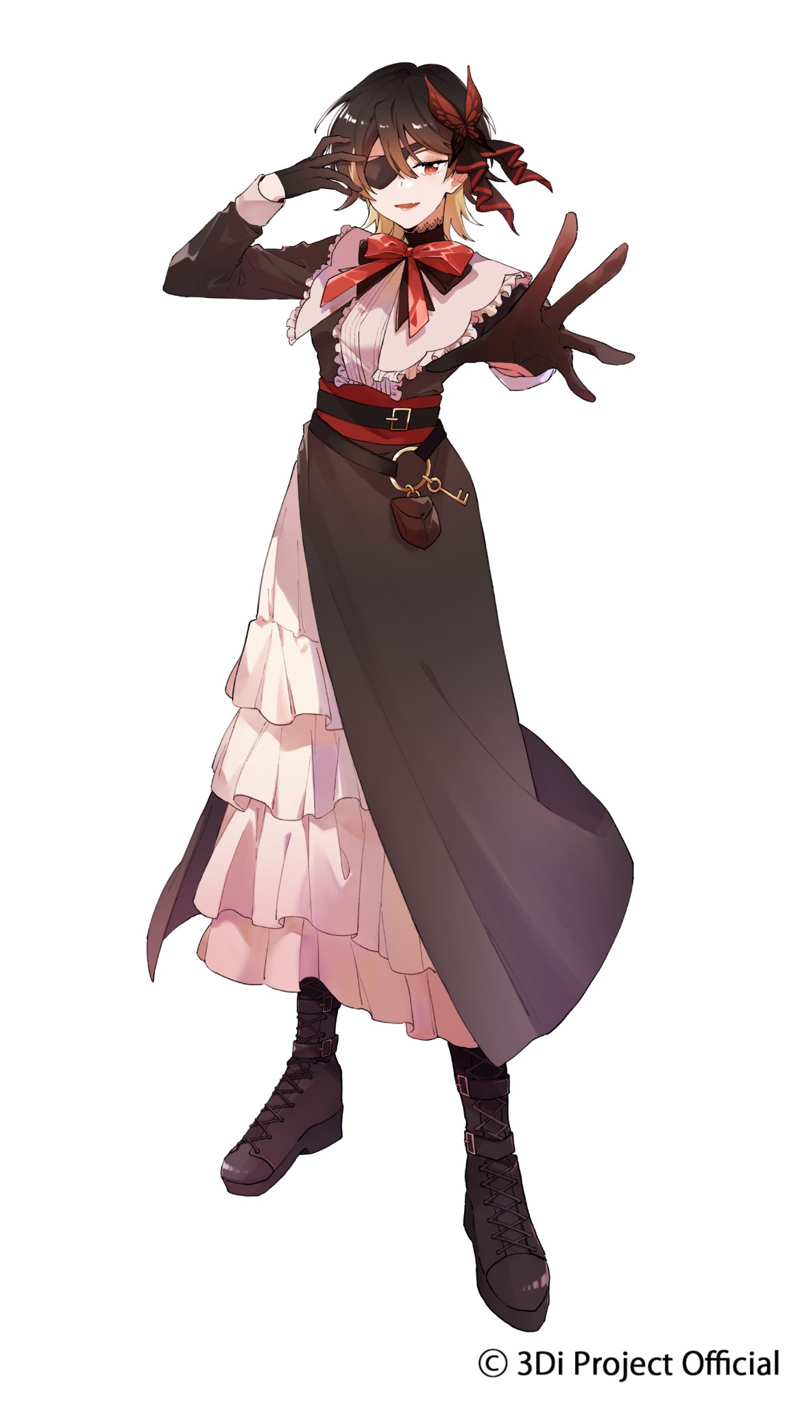 1girl, 3di_project, black_dress, boots, butterfly_hair_ornament, celene_(3di), center_frills, chuunibyou