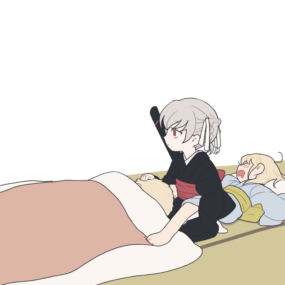 1boy, 2girls, bangs, black_kimono, blanket, blonde_hair, braid, child