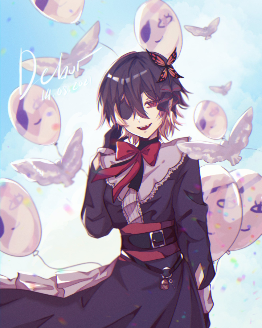 1girl, 3di_project, absurdres, amel3di, balloon, black_hair, butterfly_hair_ornament, celene_(3di)