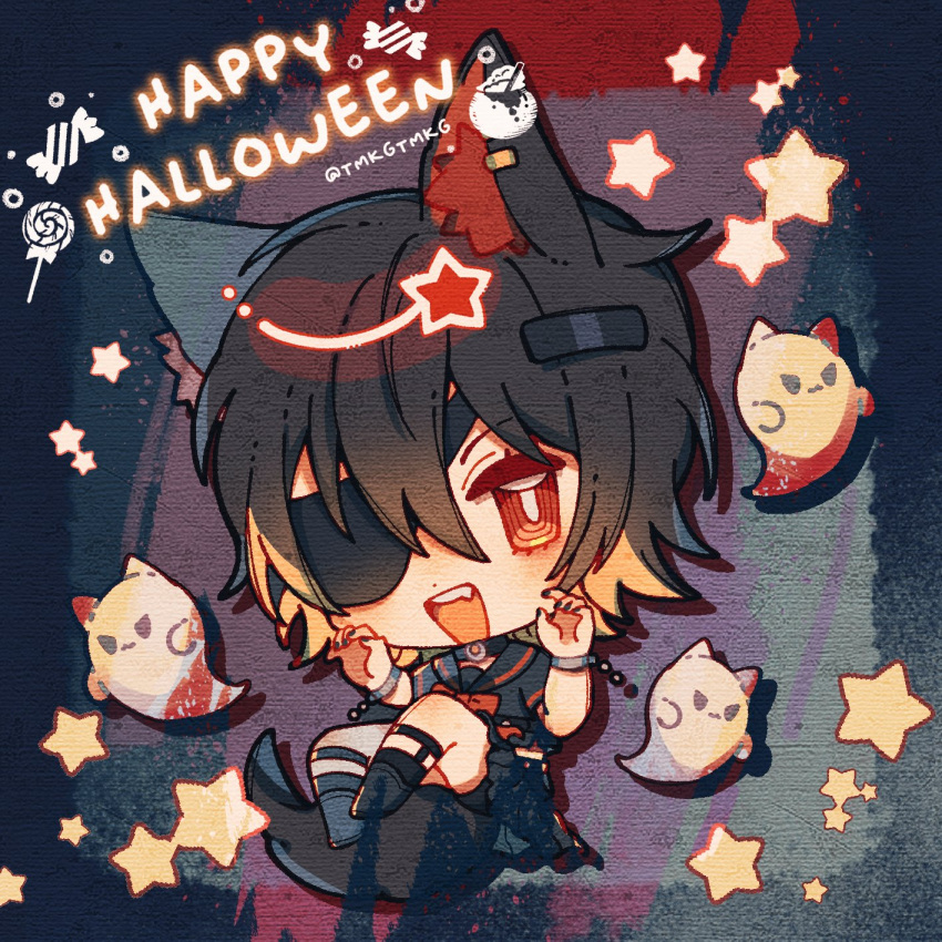 1girl, 3di_project, animal_ears, black_hair, blonde_hair, celene_(3di), chibi, eyepatch