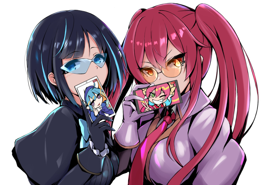 2girls, artist_request, blue_hair, cellphone, demon_tail, demon_wings, dress, duel_monster