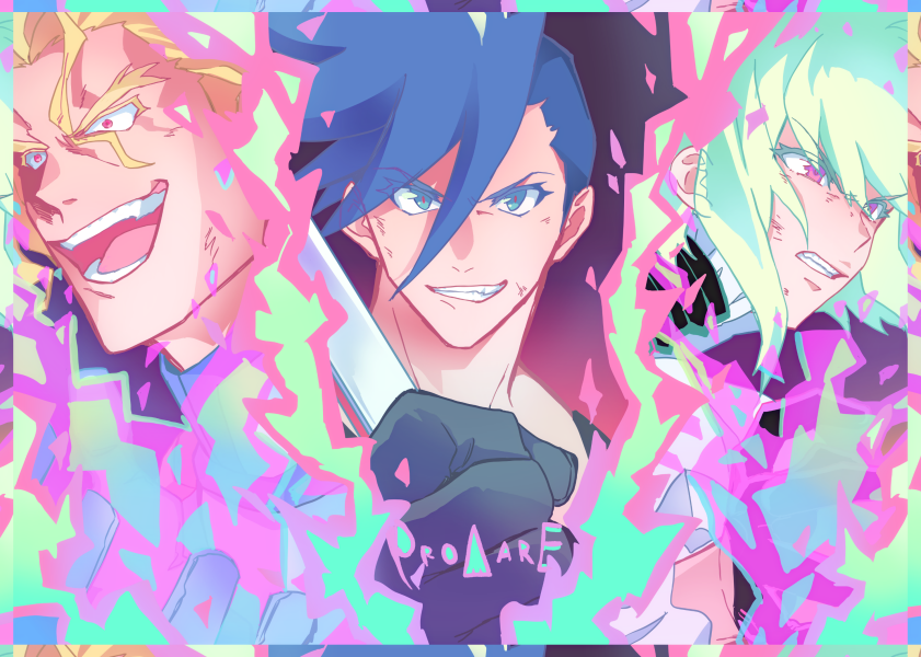 3boys, black_gloves, blonde_hair, blue_eyes, blue_hair, colored_eyelashes, fire, galo_thymos