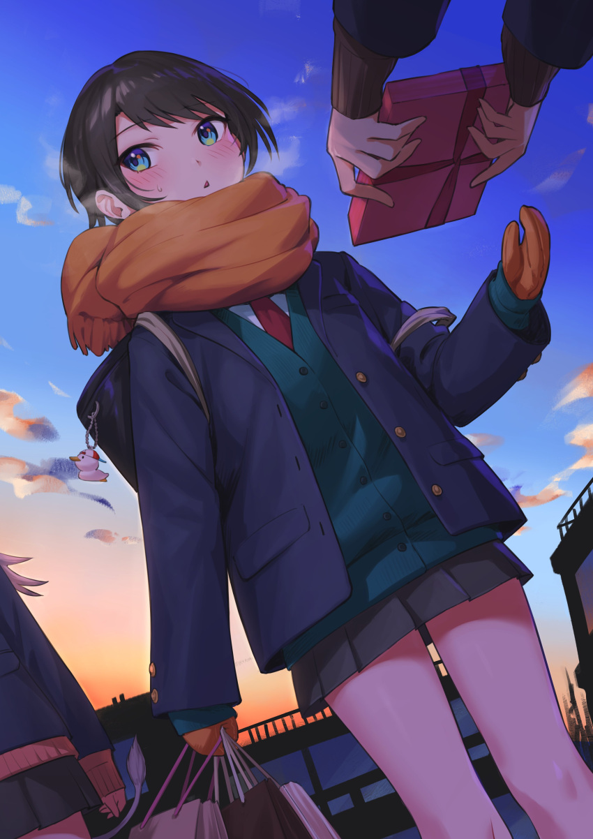 3girls, absurdres, bag, bangs, black_skirt, blue_jacket, blush, box