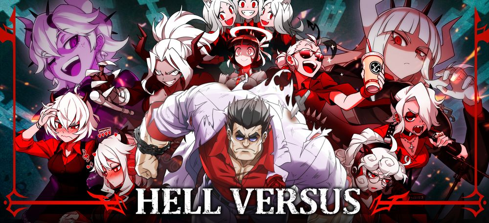 1boy, 6+girls, angel, animal_ears, azazel_(helltaker), beelzebub_(helltaker), black_hair, cerberus_(helltaker)