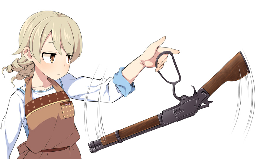 1girl, brown_eyes, closed_mouth, drill_hair, eyebrows_visible_through_hair, gun, gun_twirling, idolmaster
