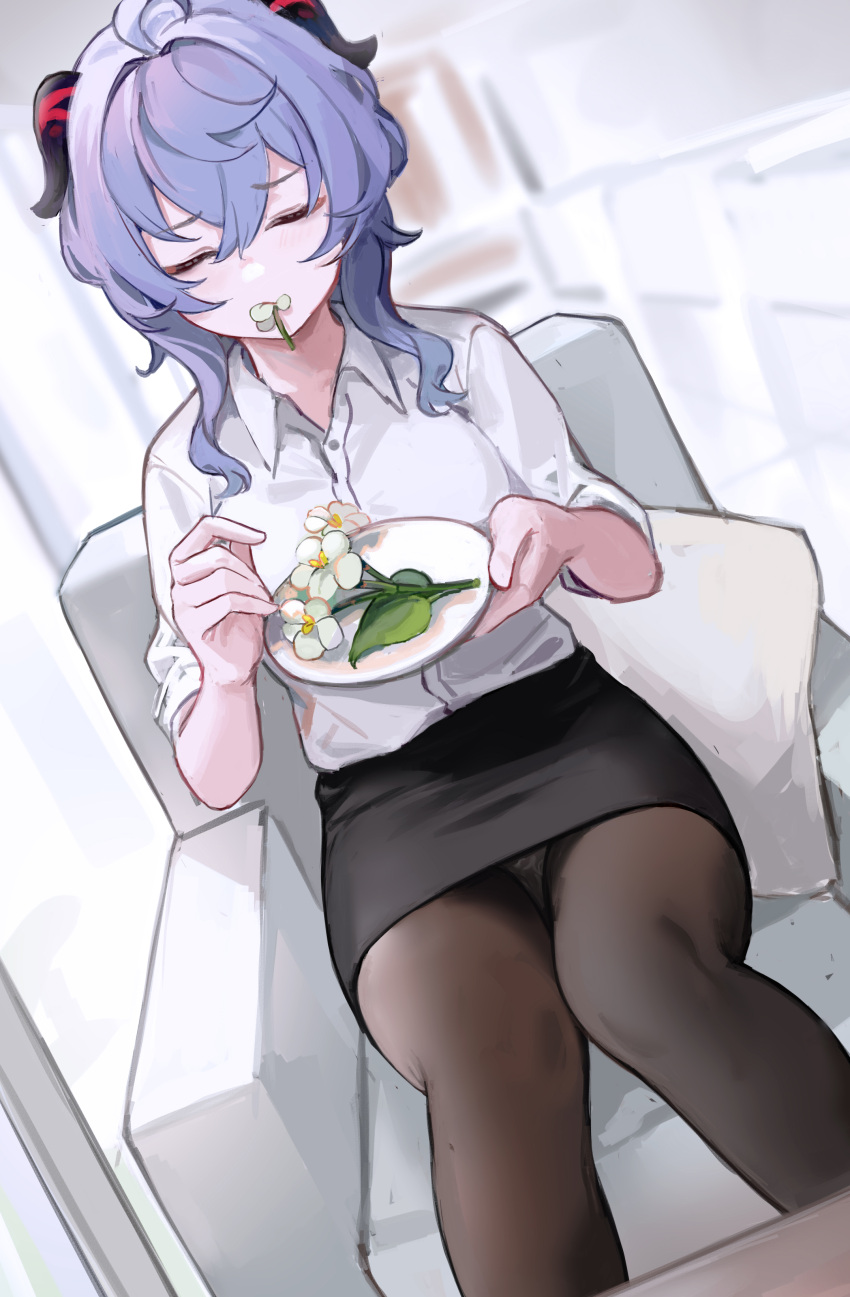 1girl, absurdres, ahoge, bangs, black_skirt, blue_hair, brown_legwear, closed_eyes