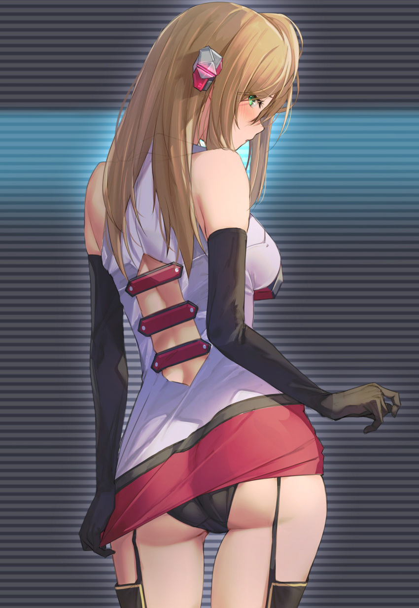 1girl, ass, back, bangs, black_gloves, black_panties, blonde_hair, blush, breasts, clothes_pull, commentary_request, cosmic_break, detached_sleeves, eyebrows_visible_through_hair, garter_straps, gloves, green_eyes, hair_ornament, highres, long_hair, looking_at_viewer, looking_back, medium_breasts, monica_gold, pallad, panties, shirt, shirt_pull, solo, standing, striped, striped_background, thighs, underwear, white_shirt